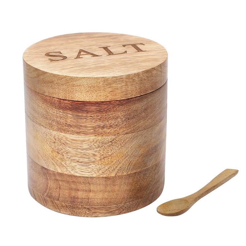 dudki Wooden Salt Box with Magnetic Lid & Wooden spoon| Round Salt Container| Bowl Pot Jar Salt Box | Mango Wood for Dinning Table| Kitchen Home| Seasonings 800 ml - Image 1