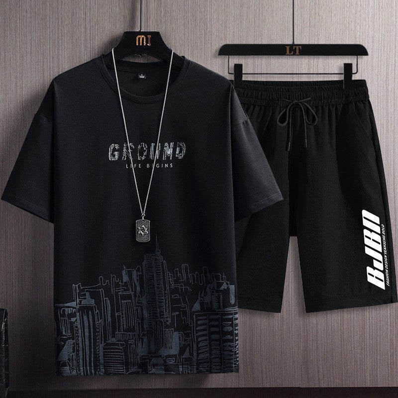Mens Summer Short Sleeve T-Shirt Set, Snow Mountain Print, Fashionable Korean Slim Fit Sportswear city black suit 