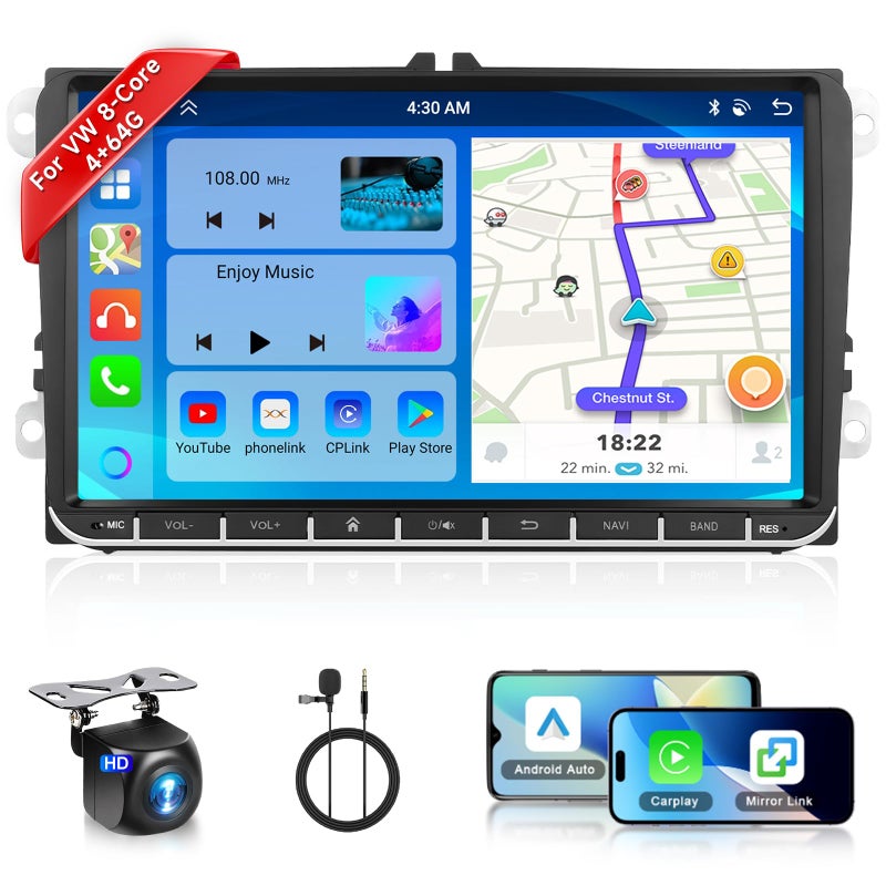Podofo 8 CORE 4G+64G Car Radio for VW Passat Jetta Tiguan Golf MK5 MK6 T5 EOS Polo with Wireless CarPlay Android Auto, 9 Inch IPS Touch Screen Android 13 Stereo GPS WiFi Bluetooth 32-Band DSP - Image 1