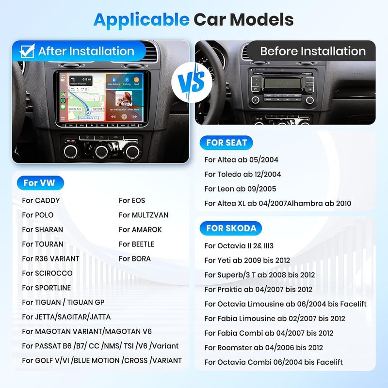Podofo 8 CORE 4G+64G Car Radio for VW Passat Jetta Tiguan Golf MK5 MK6 T5 EOS Polo with Wireless CarPlay Android Auto, 9 Inch IPS Touch Screen Android 13 Stereo GPS WiFi Bluetooth 32-Band DSP - Image 2