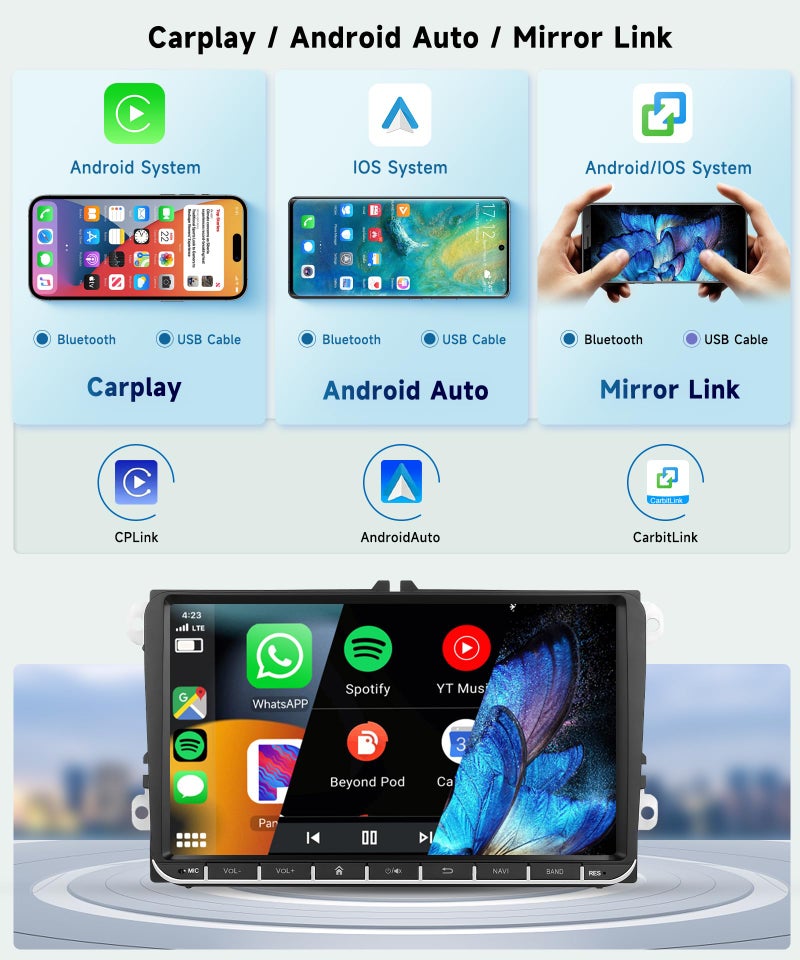 Podofo 8 CORE 4G+64G Car Radio for VW Passat Jetta Tiguan Golf MK5 MK6 T5 EOS Polo with Wireless CarPlay Android Auto, 9 Inch IPS Touch Screen Android 13 Stereo GPS WiFi Bluetooth 32-Band DSP - Image 4