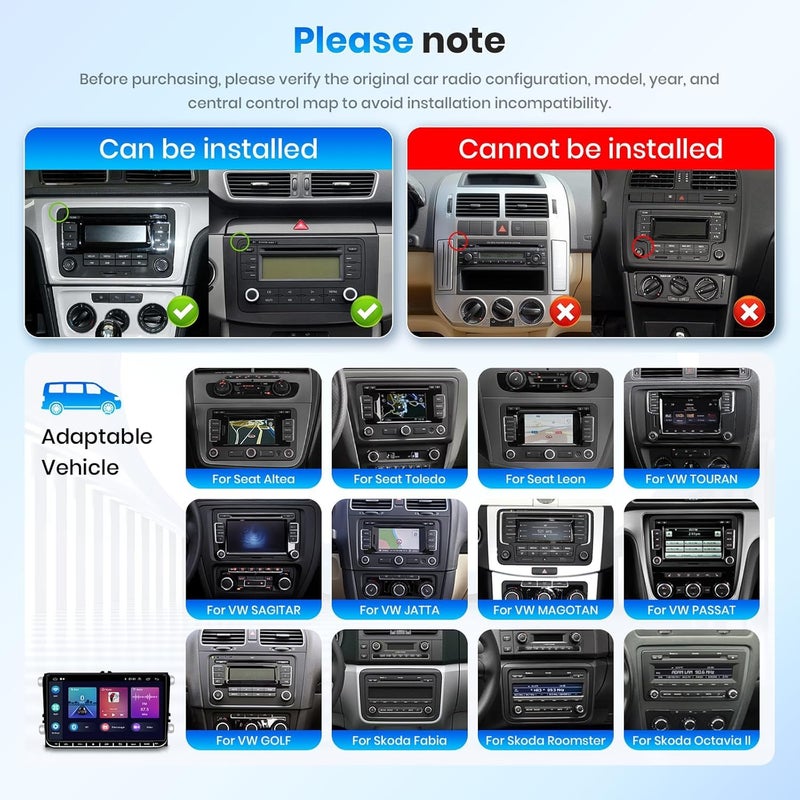 Podofo 8 CORE 4G+64G Car Radio for VW Passat Jetta Tiguan Golf MK5 MK6 T5 EOS Polo with Wireless CarPlay Android Auto, 9 Inch IPS Touch Screen Android 13 Stereo GPS WiFi Bluetooth 32-Band DSP - Image 3