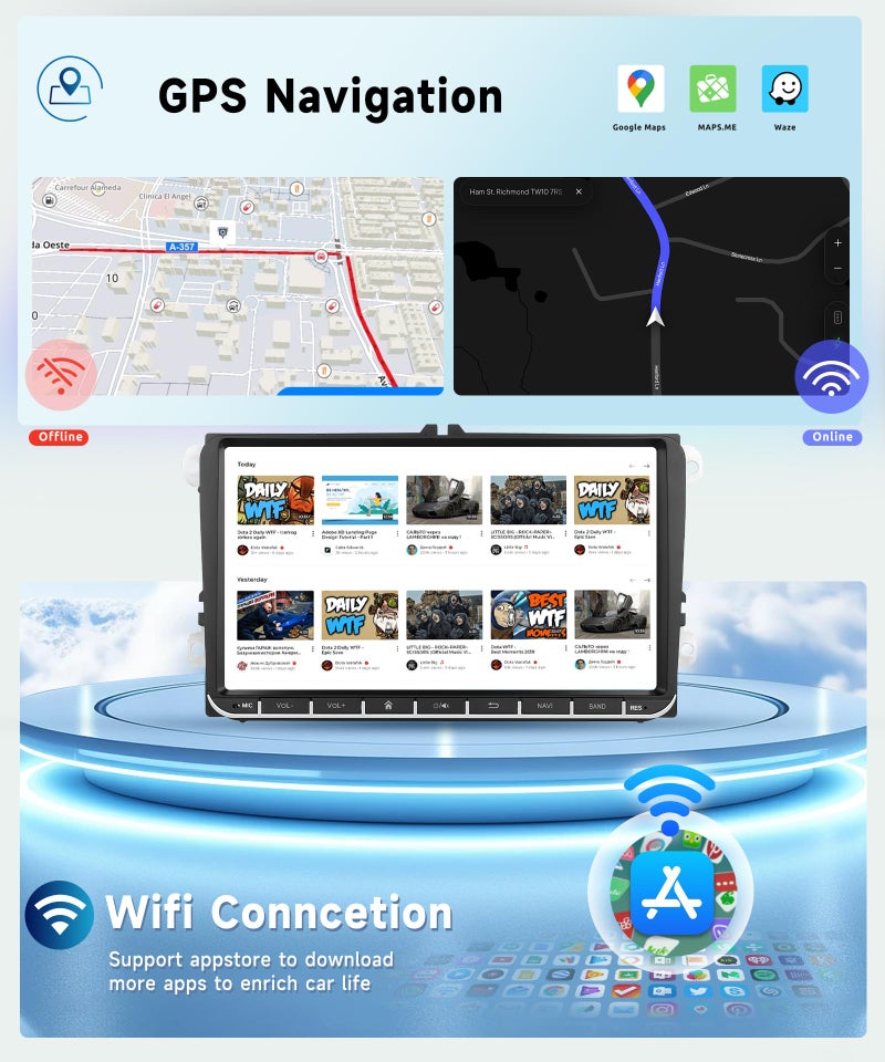 Podofo 8 CORE 4G+64G Car Radio for VW Passat Jetta Tiguan Golf MK5 MK6 T5 EOS Polo with Wireless CarPlay Android Auto, 9 Inch IPS Touch Screen Android 13 Stereo GPS WiFi Bluetooth 32-Band DSP - Image 5
