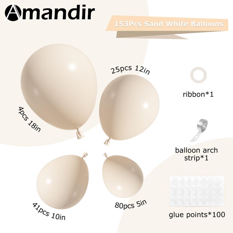Amandir 153pcs White Sand Balloons Arch Garland Kit Different Sizes 18 12 10 5 Inch Cream Beige Sand White Latex Balloon for Birthday Boho Neutral Baby Shower Wedding Anniversary Party Decorations - Image 3