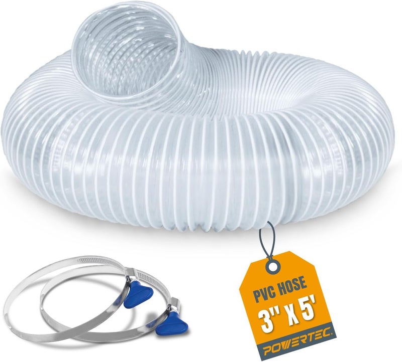 POWERTEC 3" x 5' PVC Flexible Dust Collection Hose with 2pcs Stainless Steel Key Hose Clamps for Table Saw, Planer, CNC Machine, Radial Arm Saw, Woodworking & Wood Shop Dust Collection System (70392) - Image 1