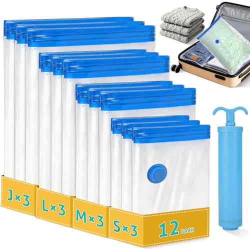 Eunhdet 12 Pack Travel Vacuum Storage Bags 4 Size24283240 Inch Portable Vacuum Seal Bags for Clothing Travel with Pump Space Saver Bag for Luggage Suitcases Clothes Bedding Seasonal Storage - Image 1