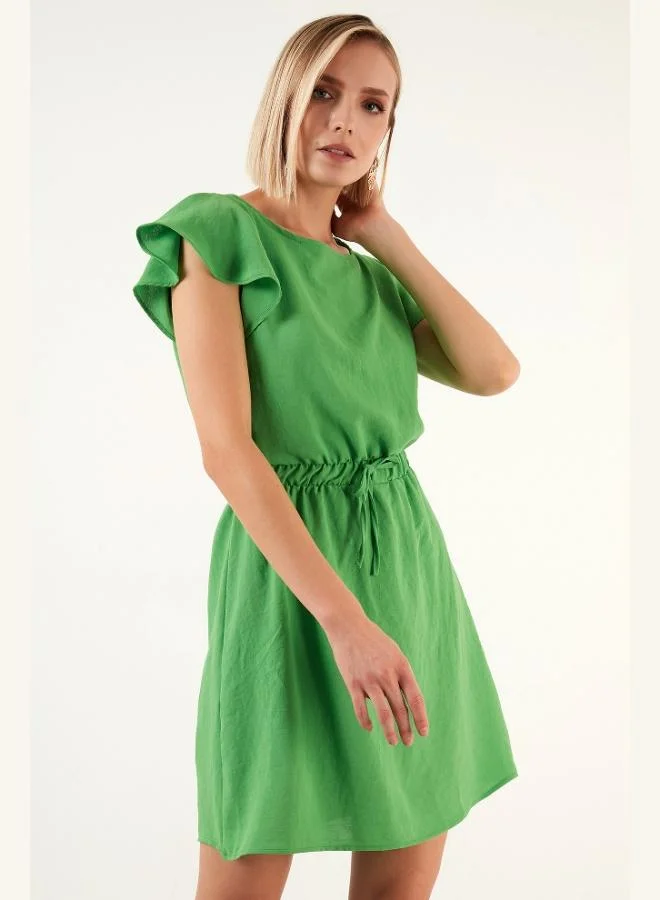 ليلا فستان نسائي بياقة مستديرة وأكمام مجمعة بتفاصيل مقاس عادي