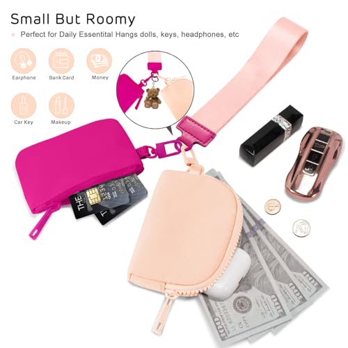 Viverte Mini Zip Around Keychain Wristlet Wallets Small Portable Dual Pounch Wristlet Detachable Coin Purse Pocket Gifts for Teen Girls Travel Sports Outdoors (Rose Red+Coarl Pink) - Image 4