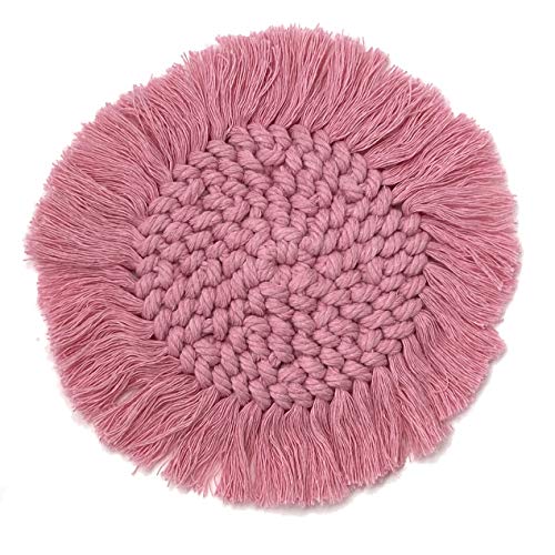 Mokoboho Set of 2 Macrame Handmade Cotton Coasters- Elegant and Absorbent 7-inch Round Woven Boho Coaster Set with Fringe Tassels for Drinks and Mugs, Spiral Weave (Pink, 2) - Image 3