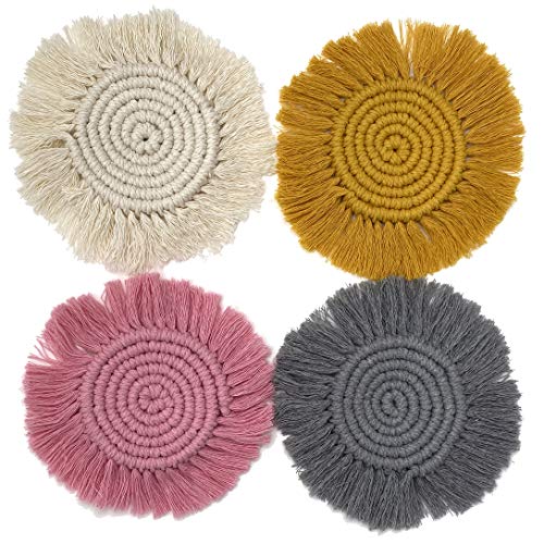 Mokoboho Set of 2 Macrame Handmade Cotton Coasters- Elegant and Absorbent 7-inch Round Woven Boho Coaster Set with Fringe Tassels for Drinks and Mugs, Spiral Weave (Pink, 2) - Image 4