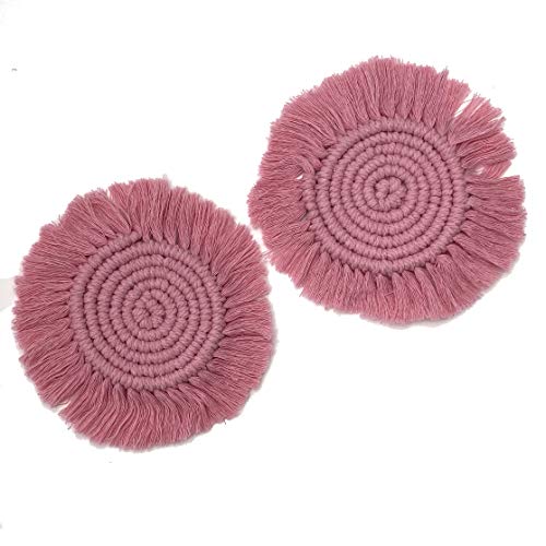 Mokoboho Set of 2 Macrame Handmade Cotton Coasters- Elegant and Absorbent 7-inch Round Woven Boho Coaster Set with Fringe Tassels for Drinks and Mugs, Spiral Weave (Pink, 2) - Image 2