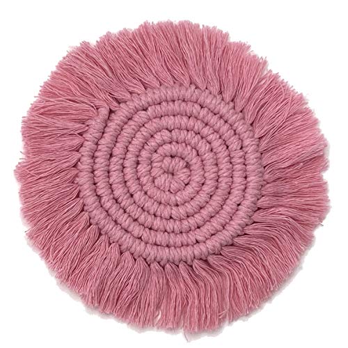 Mokoboho Set of 2 Macrame Handmade Cotton Coasters- Elegant and Absorbent 7-inch Round Woven Boho Coaster Set with Fringe Tassels for Drinks and Mugs, Spiral Weave (Pink, 2) - Image 1