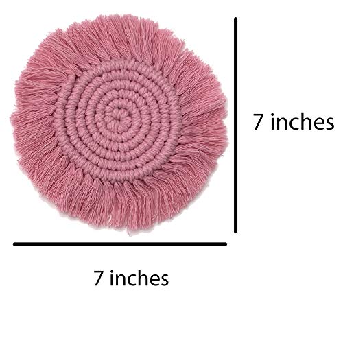 Mokoboho Set of 2 Macrame Handmade Cotton Coasters- Elegant and Absorbent 7-inch Round Woven Boho Coaster Set with Fringe Tassels for Drinks and Mugs, Spiral Weave (Pink, 2) - Image 5