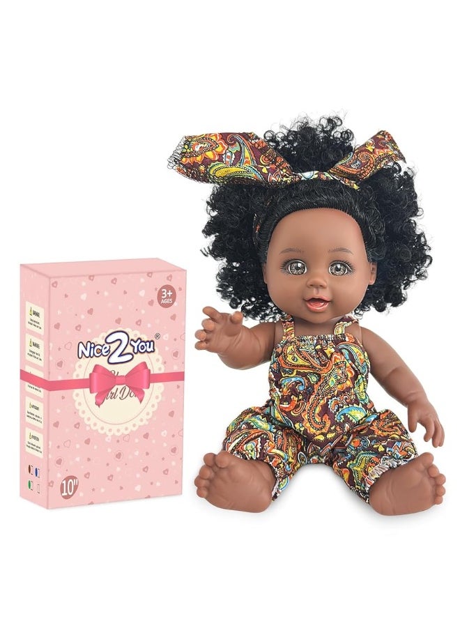 Nice2you - Nice2you Black Baby Doll, 10 inch American African Black Girl Doll with Dress, Realistic Reborn Baby Doll for Kids Aged 2 3 4 5 6, Silicone Small Black Doll Toy with Curly Hair for Birthday Gift - Image 1