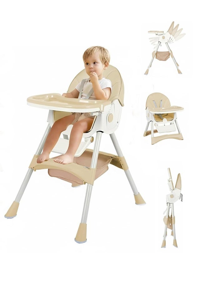 Beauenty High Chair for Babies and Toddlers, Foldable Baby High Chair with Adjustable Backrest, Double Removable Tray, Non-Slip Feet Pad Safety Belt PU Chair  Supports Up to 50KG, Easy to Clean (Beige) ﻿ - Image 1