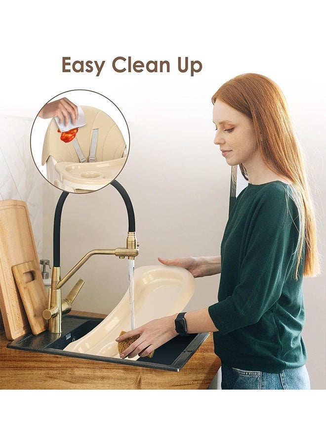 Beauenty High Chair for Babies and Toddlers, Foldable Baby High Chair with Adjustable Backrest, Double Removable Tray, Non-Slip Feet Pad Safety Belt PU Chair  Supports Up to 50KG, Easy to Clean (Beige) ﻿ - Image 5