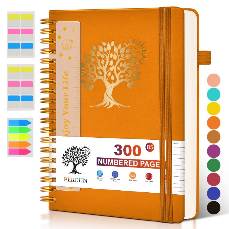 PERCUN Large Spiral Notebook Journal for Women Men - 300 Numbered Lined Pages, College Ruled,B5 Hardcover Spiral Bound Notebook for School, Work, Note Taking, Writing, Leather Spiral Journal 7"x10" - Image 1