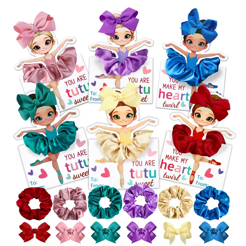 Vellibring Valentines Day Gifts for Kids,24 Pack Ballerina Cards With Hair Scrunchies Bow Clips Hair Accessories Set Valentines Day Dance Recital Prizes Girls Classrooms Exchange Gifts Party Favor - Image 1