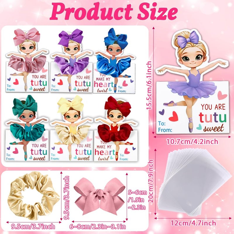 Vellibring Valentines Day Gifts for Kids,24 Pack Ballerina Cards With Hair Scrunchies Bow Clips Hair Accessories Set Valentines Day Dance Recital Prizes Girls Classrooms Exchange Gifts Party Favor - Image 3
