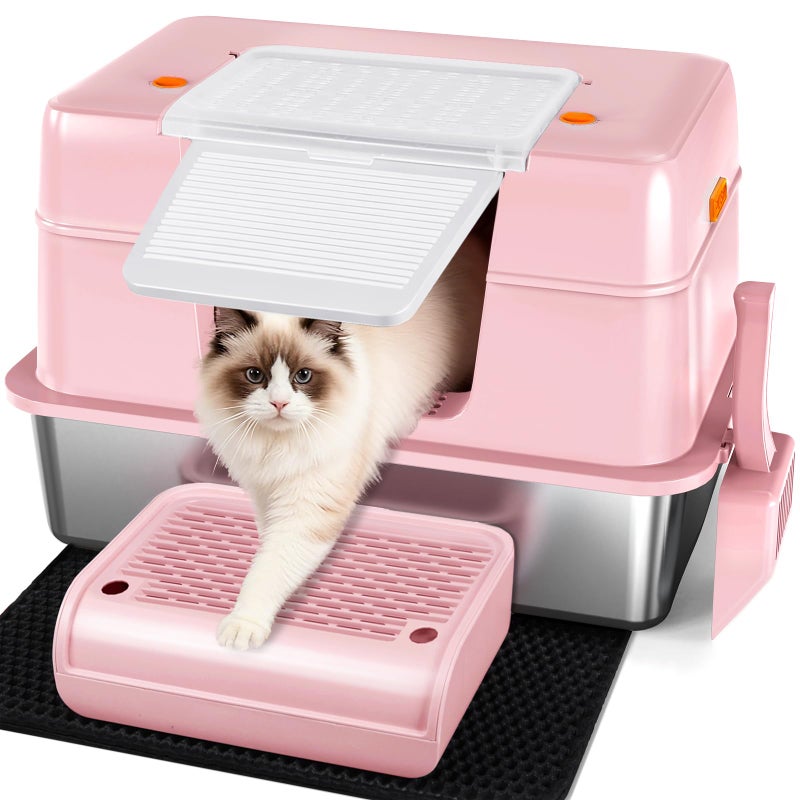 Vivifying Pink Stainless Steel Covered Cat Litter Box â€“ Odor-Control, Easy-Clean Modular Enclosed Kitty Toilet, Elegant Design for Stylish Cat Moms - Image 1