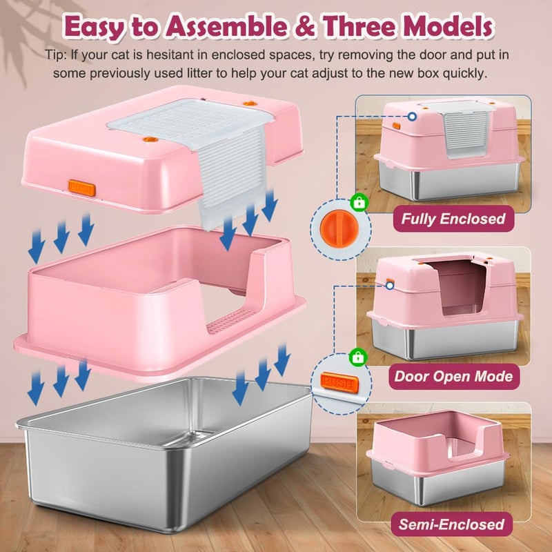 Vivifying Pink Stainless Steel Covered Cat Litter Box â€“ Odor-Control, Easy-Clean Modular Enclosed Kitty Toilet, Elegant Design for Stylish Cat Moms - Image 3