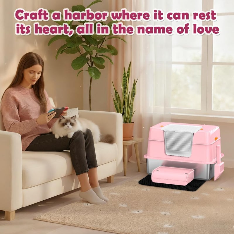 Vivifying Pink Stainless Steel Covered Cat Litter Box â€“ Odor-Control, Easy-Clean Modular Enclosed Kitty Toilet, Elegant Design for Stylish Cat Moms - Image 5