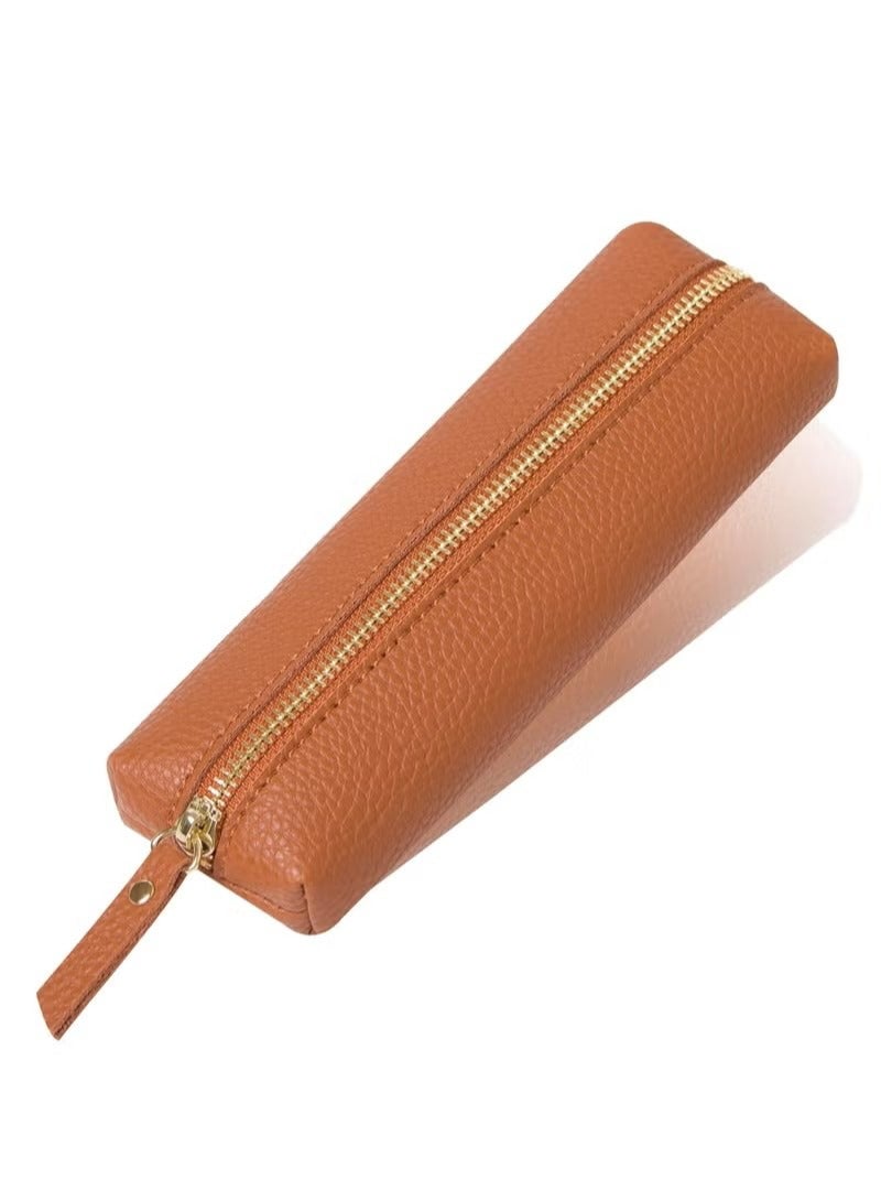 Portable PU Pencil Pen Case Pencil Pouch for School Office Woman Man (Brown) - Image 1
