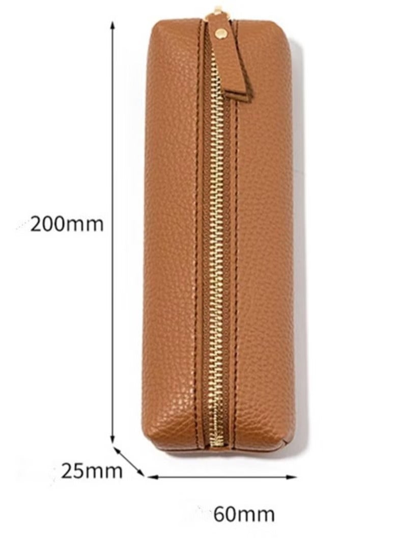 Portable PU Pencil Pen Case Pencil Pouch for School Office Woman Man (Brown) - Image 2