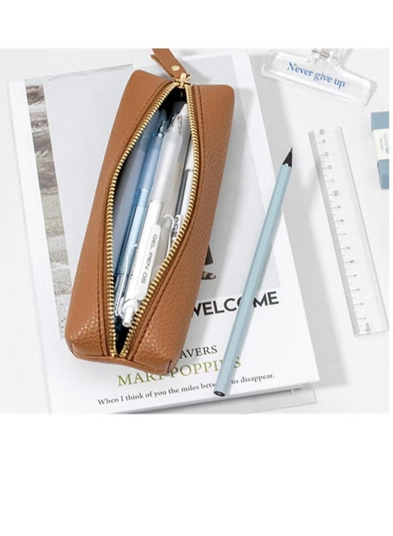 Portable PU Pencil Pen Case Pencil Pouch for School Office Woman Man (Brown) - Image 3