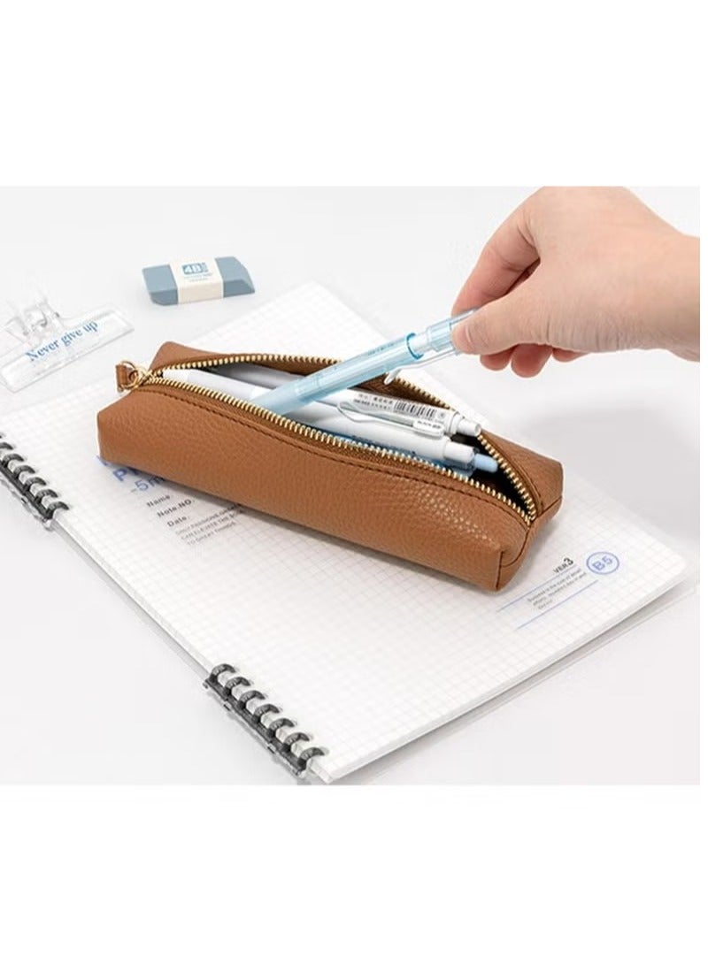 Portable PU Pencil Pen Case Pencil Pouch for School Office Woman Man (Brown) - Image 4