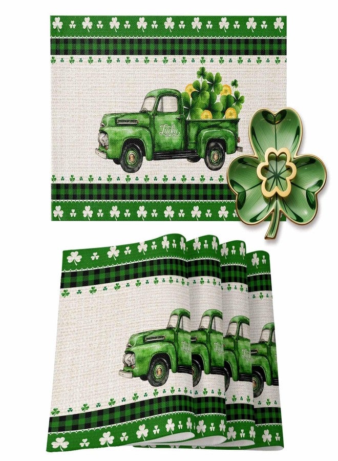 ALAGEO St. Patrick's Day Placemats Set of 6 Shamrock Green Trucks Table Mats Gold Coin Lucky Clovers Table Place Mats Spring St. Patrick's Day Table Decor for Home Party Kitchen Dining Table 13x19 Inch - Image 1
