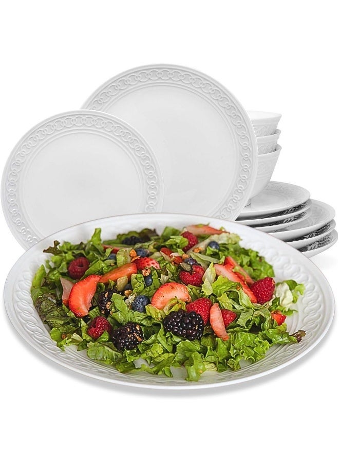 PLATES AND BOWLS SETS DISHES SET FOR 4 MICROWAVE SAFE 12 PIECE PORCELAIN DINNERWARE FOR KITCHEN INCLUDES 4 DINNER 4 APPETIZER PLATES 4 CEREAL BOWLS ZERO LEAD CADMIUM