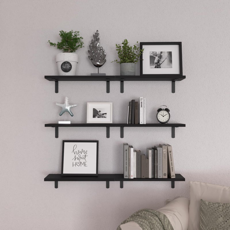 WOPITUES Wood Floating Shelves Set of 6, Shelves for Wall Decor, Farmhouse Shelf for Bedroom, Bathroom Storage Shelves, Book Shelves for Living Room-Black - Image 5