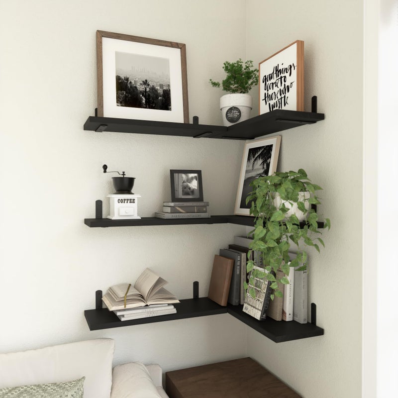 WOPITUES Wood Floating Shelves Set of 6, Shelves for Wall Decor, Farmhouse Shelf for Bedroom, Bathroom Storage Shelves, Book Shelves for Living Room-Black - Image 4