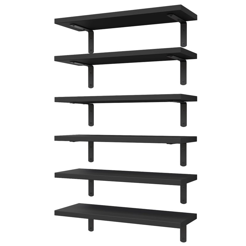 WOPITUES Wood Floating Shelves Set of 6, Shelves for Wall Decor, Farmhouse Shelf for Bedroom, Bathroom Storage Shelves, Book Shelves for Living Room-Black - Image 1