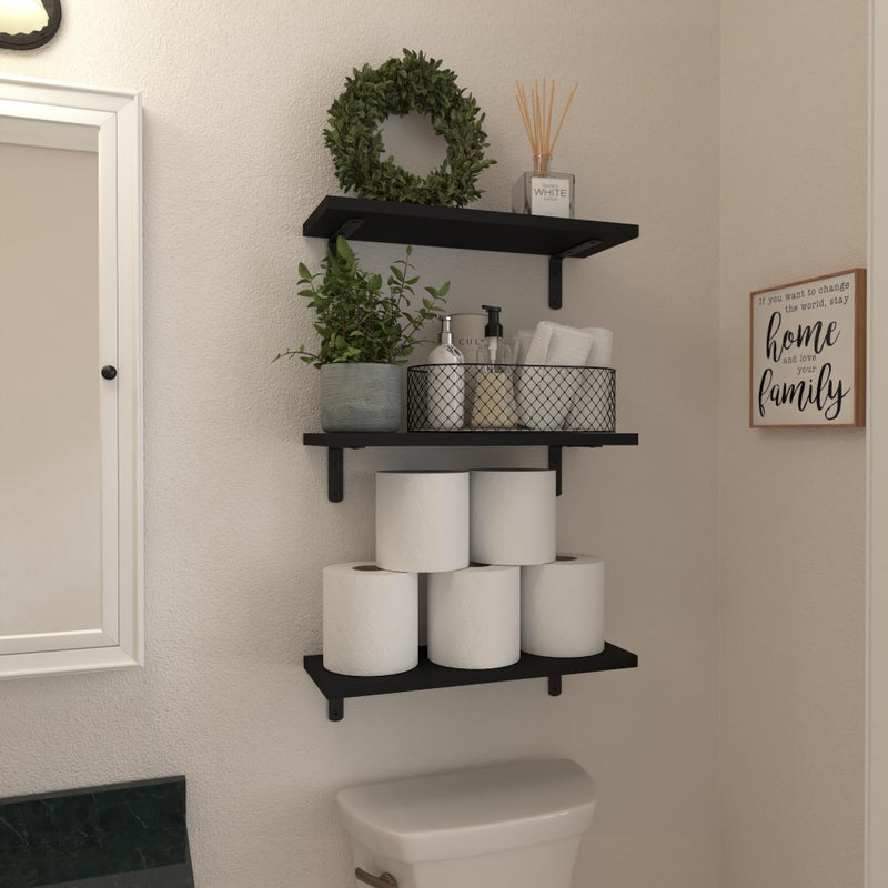 WOPITUES Wood Floating Shelves Set of 6, Shelves for Wall Decor, Farmhouse Shelf for Bedroom, Bathroom Storage Shelves, Book Shelves for Living Room-Black - Image 3