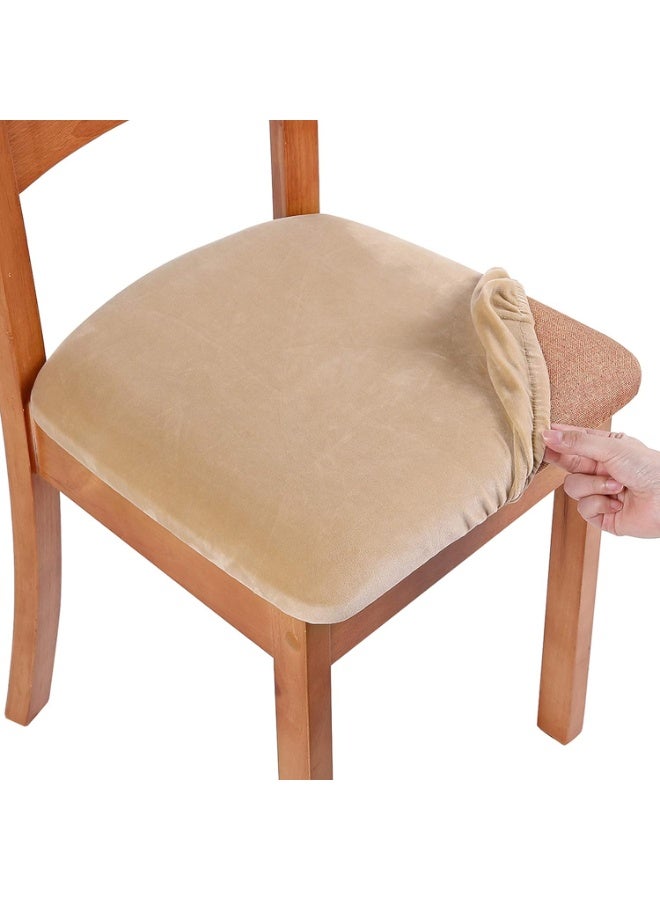 Original Velvet Dining Chair Seat Covers, Stretch Fitted Dining Room Upholstered Chair Seat Cushion Cover, Removable Washable Furniture Protector Slipcovers with Ties - Set of 4, Beige - Image 1
