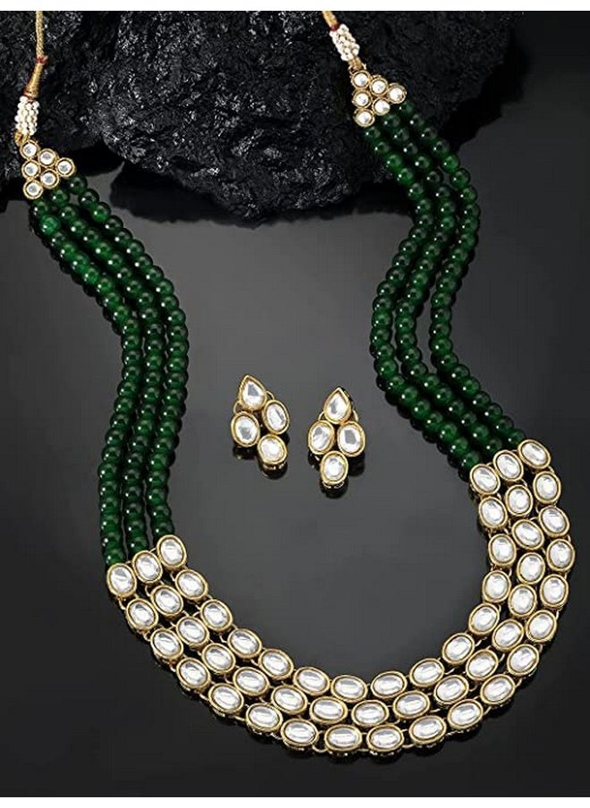 I Jewels - I Jewels Gold Plated Traditional Stunning White Kundan Studded Layered Pearl Necklace Jewellery Set with Earrings For Women/Girls (IJ376G) - Image 1