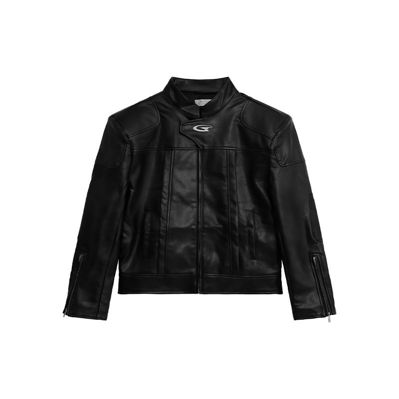 Generic 2024 Autumn and Winter Niche High-end Collar Motorcycle Leather Jacket Mens Loose Short Shoulder Pad Jacket Couples Coat Black [with shoulder pads]