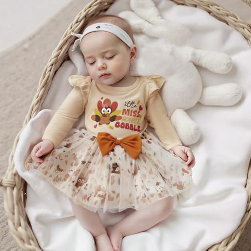 Thorn Tree My First Thanksgiving Baby Girl Outfit Newborn Turkey Romper Bow Tulle Skirt Fall Winter 2Pcs Skirts Outfits Beige 612 Months - Image 3