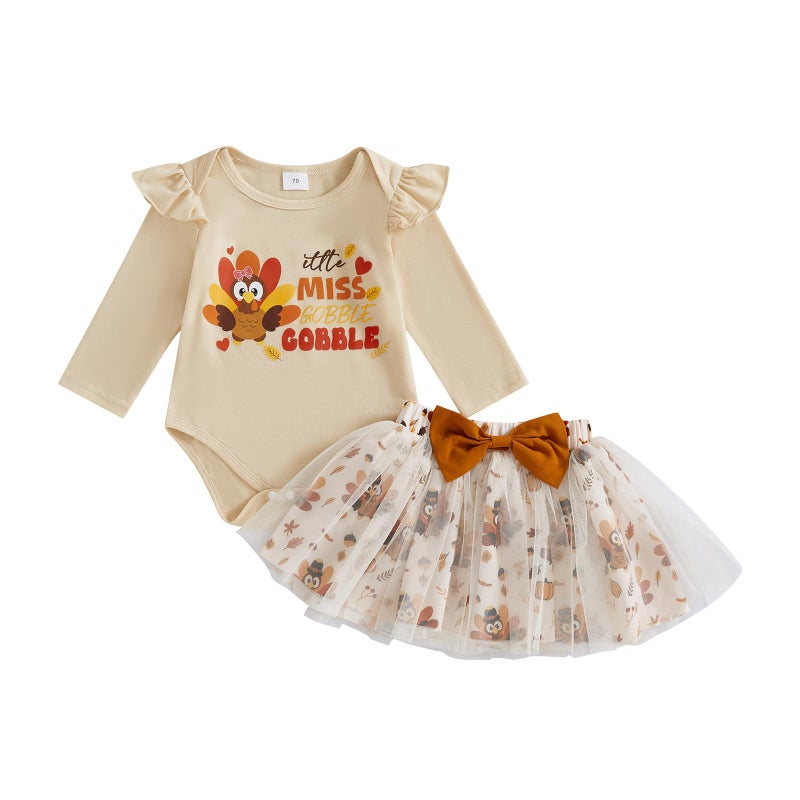Thorn Tree My First Thanksgiving Baby Girl Outfit Newborn Turkey Romper Bow Tulle Skirt Fall Winter 2Pcs Skirts Outfits Beige 612 Months - Image 2