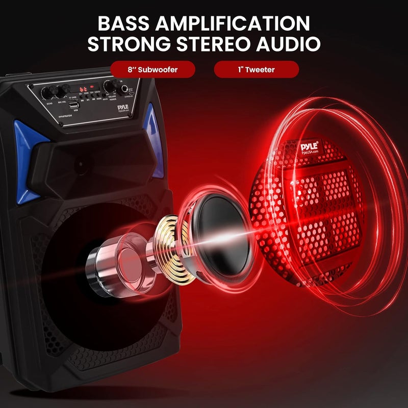 Pyle Portable Bluetooth PA Speaker System - 400W Outdoor Bluetooth Speaker Portable PA System w/Microphone in, Party Lights, MP3/USB SD Card Reader, FM Radio, Rolling Wheels - Mic, Remote - PPHP82SM - Image 2