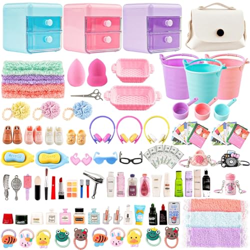 HSJH 118Pcs Dollhouse Mini Jewelry Storage Case Cosmetic Hand Bag Towel Bathroom Set Accessories Toothbrush Shampoo Purse Decor Doll Backpack Girl Micro Scene Ature Makeup Shoes Glasses Money Mask DIY - Image 1