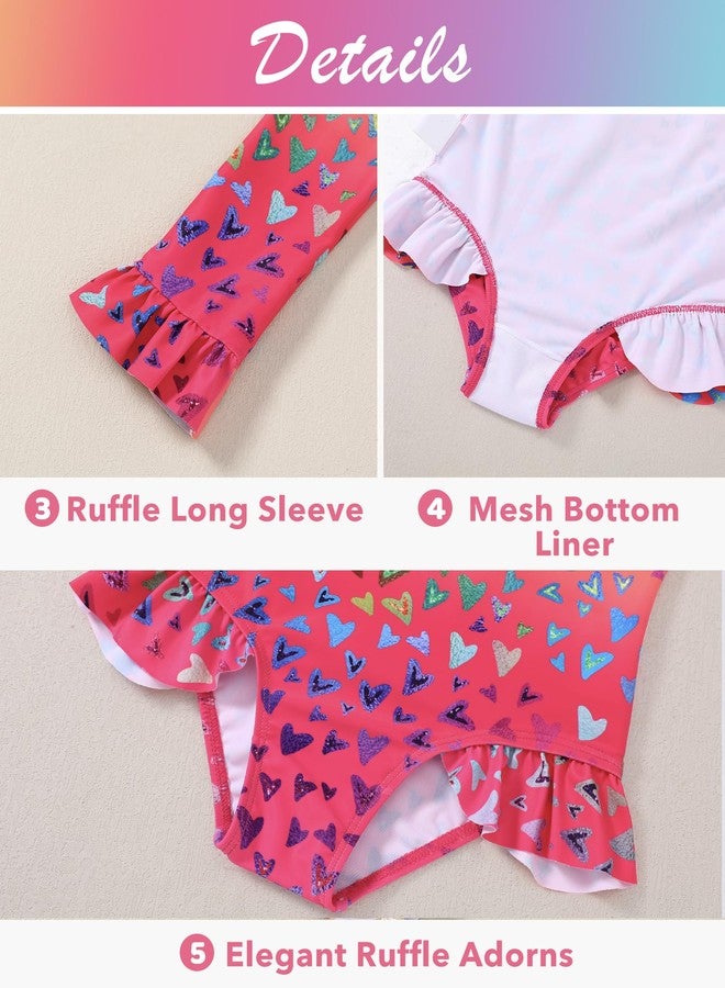 Ghteas Girls Bathing Suit Baby Swimsuit Girl Long Sleeve One Piece Ruffle Zipper UPF 50+ Rash Guard Swimwear Red Heart 2t Bathing Suit Toddler Girls - Image 5