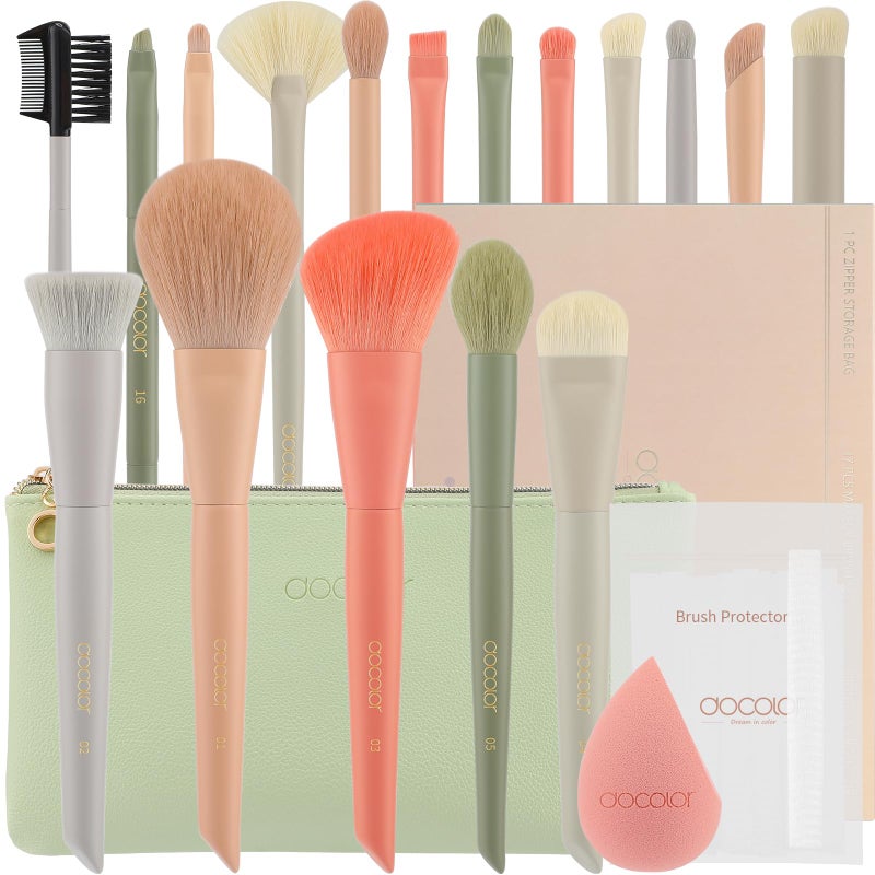 Docolor Makeup Brushes 17+2 Pcs with Makeup Bag and Makeup Sponge and Brush Protector Morandi Makeup Brush Set Premium Synthetic hair makeup brush Wooden handle Gift Box - Image 1