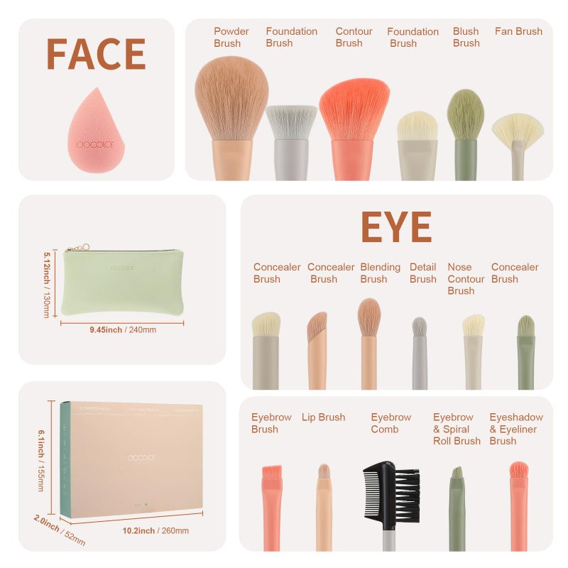 Docolor Makeup Brushes 17+2 Pcs with Makeup Bag and Makeup Sponge and Brush Protector Morandi Makeup Brush Set Premium Synthetic hair makeup brush Wooden handle Gift Box - Image 3