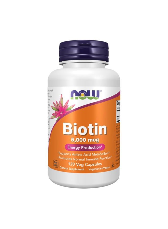 now Foods by Now Biotin Energy Production 5000 mcg- 120 Vcaps - Image 1
