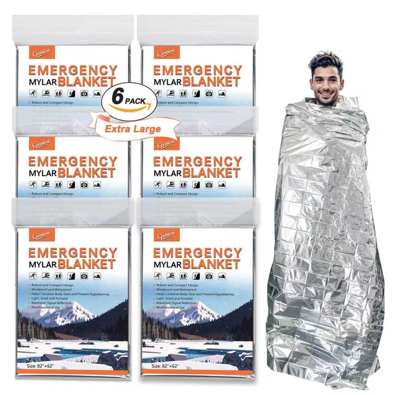 CPOMIENI 6 Pack - Large 82â€ x 62â€ Survival Emergency Mylar Thermal Blankets, Thermal Survival Blanket Perfect for Camping, Hiking, Body Insulation, Outdoors, Car Survival Kit, Bug Out Bag - Image 1
