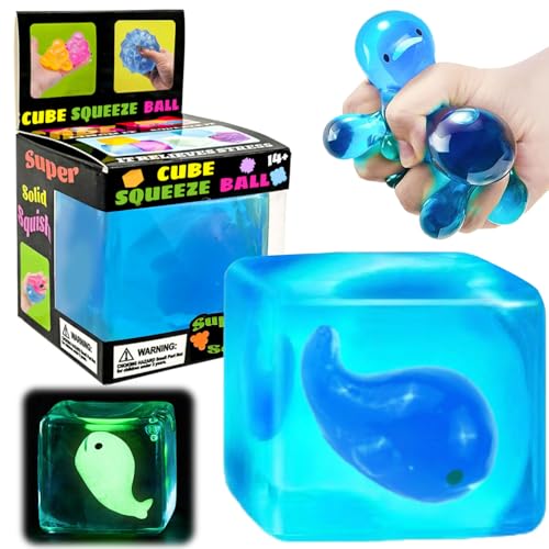 YVBBHE Blue Squeeze Cube with Luminous Whale InsideSquishy Stress Fidget Gummy Toys Glow in The Dark Animal Maltose Sensory Toys for Kids Autism Stress Balls for Anxiety Stress Relief - Image 1