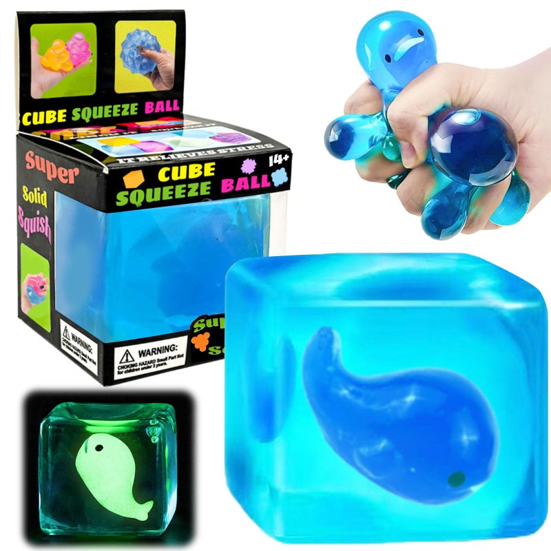 YVBBHE Blue Squeeze Cube with Luminous Whale InsideSquishy Stress Fidget Gummy Toys Glow in The Dark Animal Maltose Sensory Toys for Kids Autism Stress Balls for Anxiety Stress Relief - Image 3